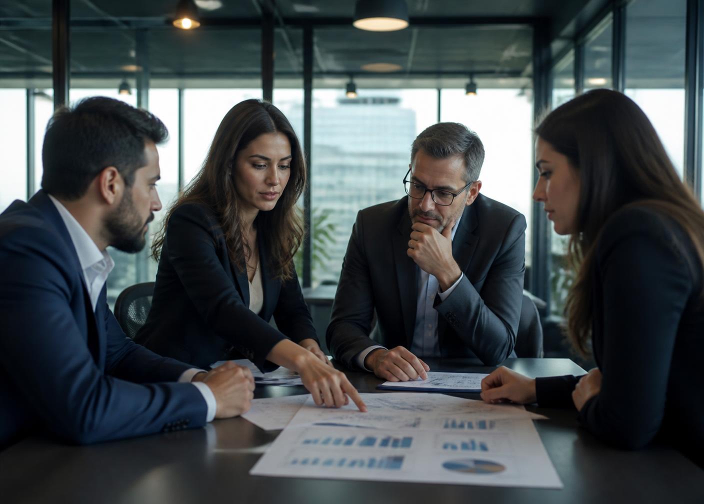 Reunião executiva analisando indicadores de operação impressos sobre a mesa